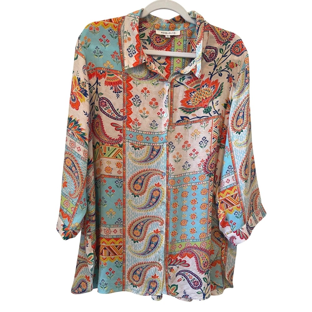 Rose + Olive Womens 2X Paisley Patchwork Button Down Tunic Shirt Boho 3/4 Sleeve